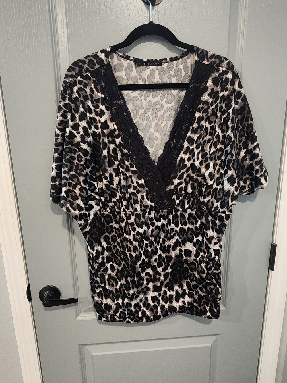 Maurices Black & White Leopard Lace-Trim V-Neck Blouse